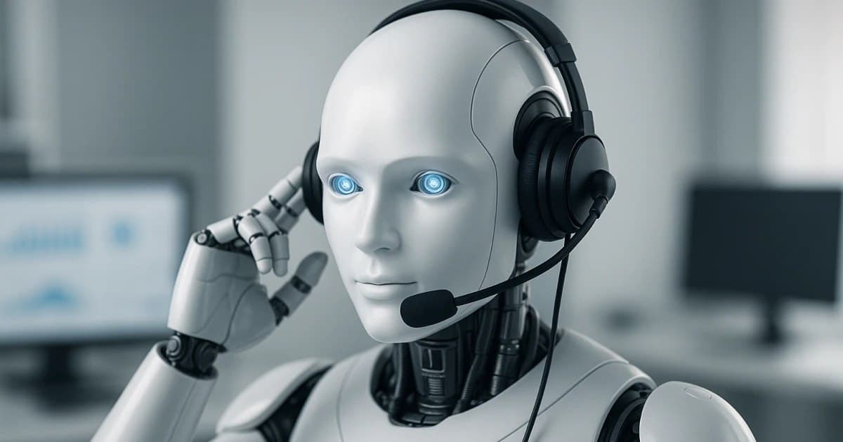 An AI voice agent robot wearing a call-centre headset